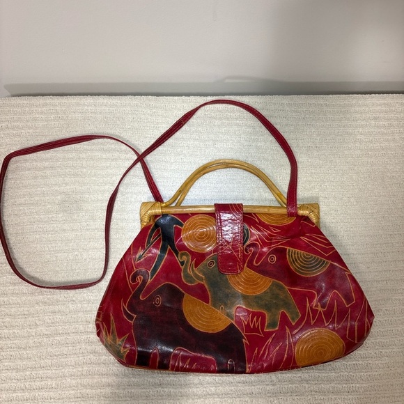 Vintage Elephant Print Red, tan, Greenand Brown crossbody Handbag - Picture 3 of 9